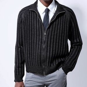 Ohniw (sold by Simons) black and gray ribs two-way zipped cardigan NWT